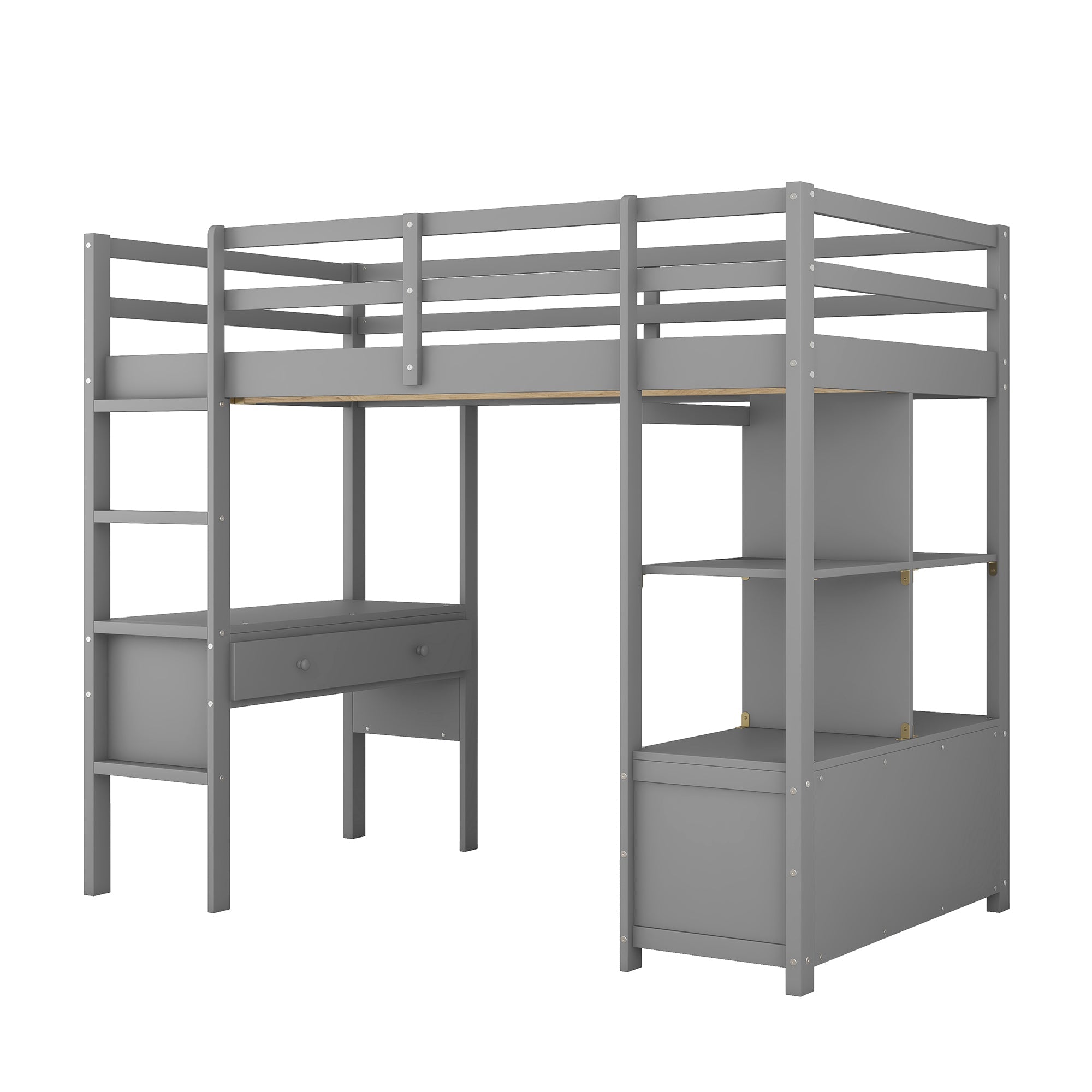 Twin Size Wood Loft Bed with Desk, Drawers and Shelf for Kids Room, Gray