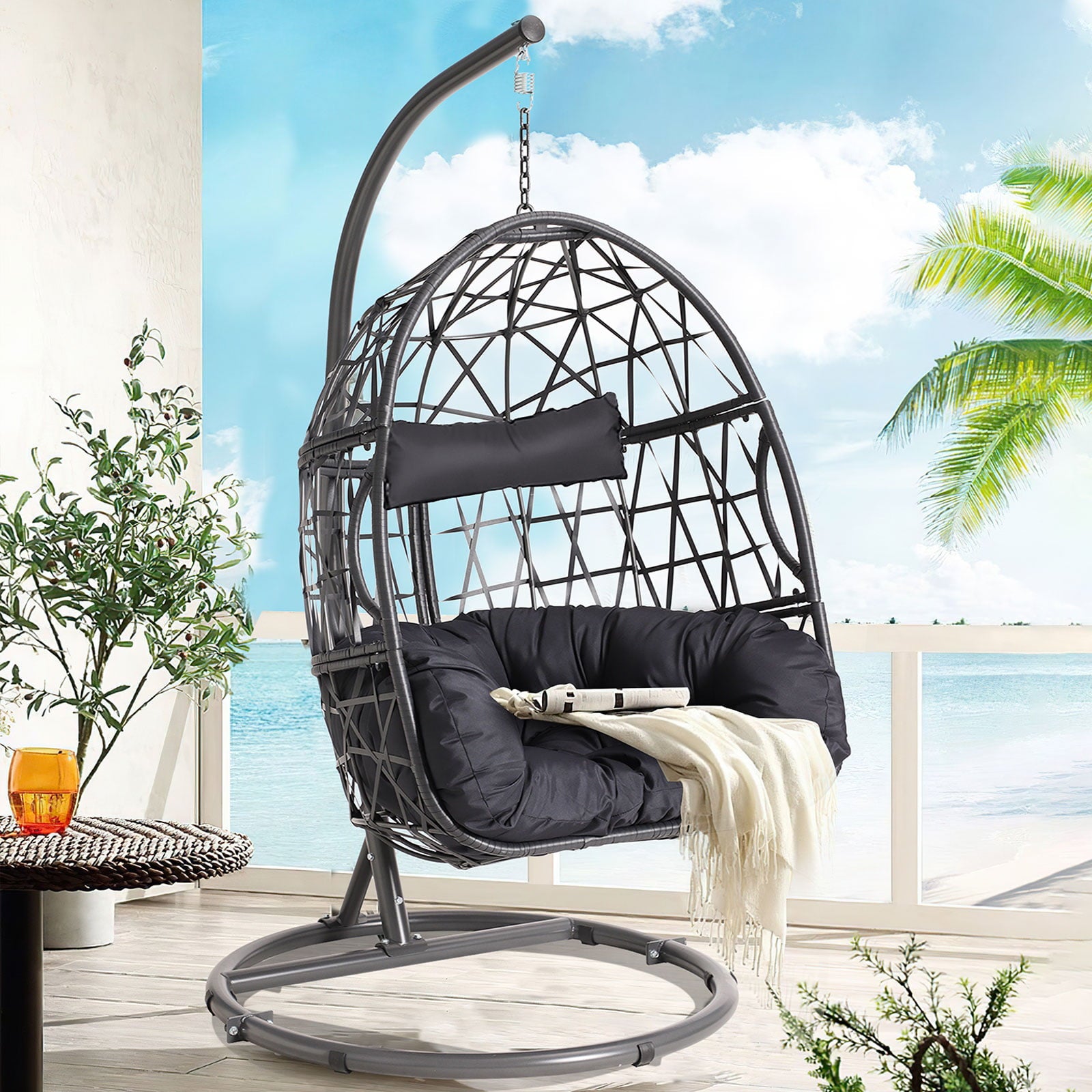 Haverchair Egg Chair with Stand Outdoor Patio Wicker Hanging Chair Swing Chair with Cushion