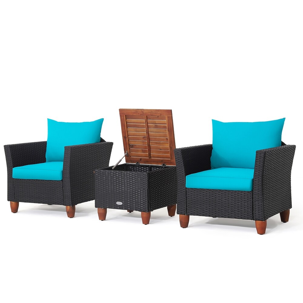 3PCS Patio Rattan Furniture Set Cushioned Sofa with Storage Table