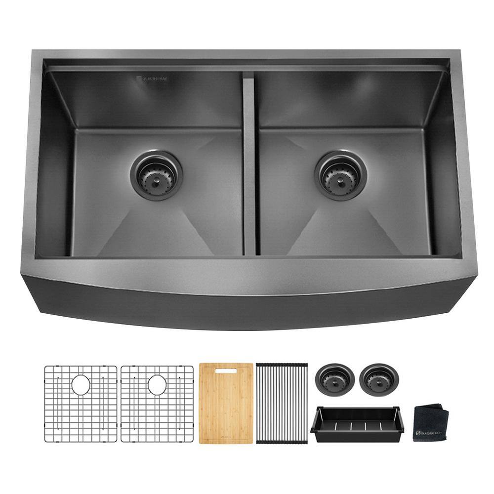 Glacier Bay Gunmetal Black Stainless Steel 36 in. 18-Gauge Double Bowl Farmhouse Workstation Kitchen Sink ACS3622A2Q-W