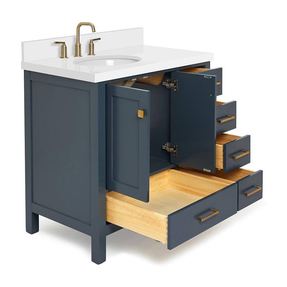 ARIEL Cambridge 37 in. W x 22 in. D x 35 in. H Vanity in Midnight Blue with Quartz Vanity Top in White with Basin A037SLWQOVOMNB