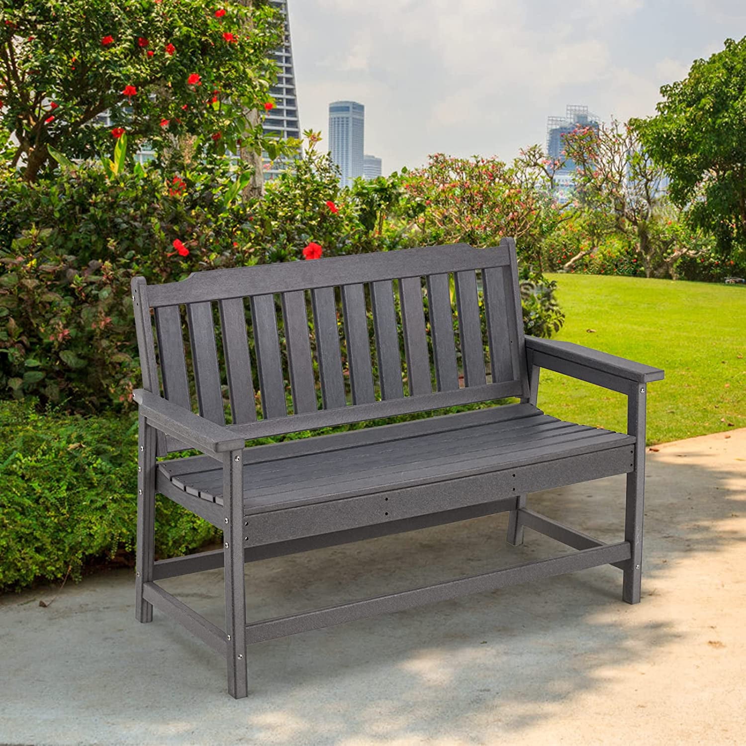 Erommy 49" Patio Outdoor HDPE Garden Bench with Armrests, Weatherproof Porch Bench with Stable Back for Lawn, Grey