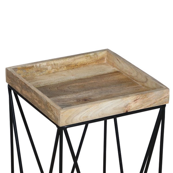 24 Inch Industrial End Side Table， Mango Wood Square Tray Top， V Shape Iron Accent， Brown， Black