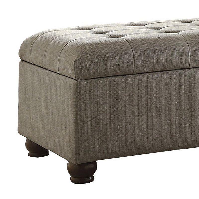 Textured Fabric Upholstered Button Tufted Storage Bench With Wooden Bun Feet， Gray and Brown