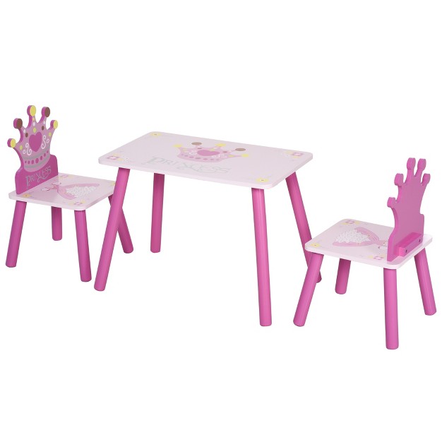 Onesstop 3 piece Kids Wooden Table And Chair Set With Crown Pattern Gift For Girls Toddlers Arts Reading Writing Age 2 4 Years Pink