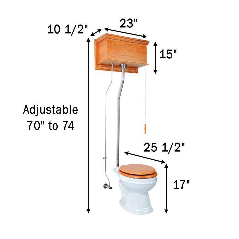 RENOVATORS SUPPLY MANUFACTURING High Tank Toilet Single Flush Round Bowl in White with Light Oak Tank and Chrome Rear Entry Pipes 12186