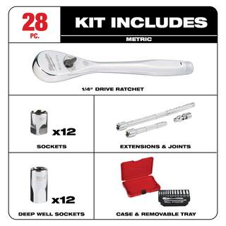 MW 14 in. Drive Metric Ratchet and Socket Mechanics Tool Set (28-Piece) 48-22-9504