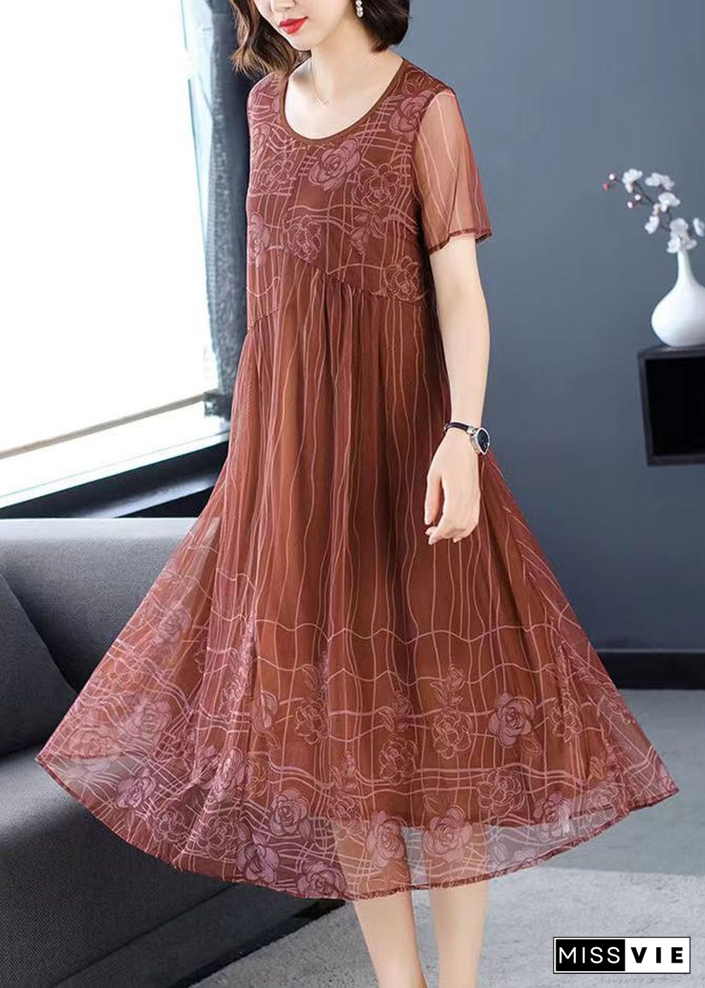 Women Light Brown O-Neck Wrinkled Patchwork Chiffon Dress Half Sleeve