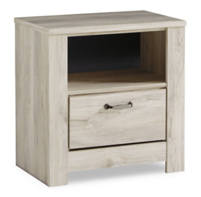 Signature Design by Ashley Bellaby Farmhouse 1 Drawer Nightstand with 1 Storage Cubby & Slim-Profile USB Charging Station, Whitewash