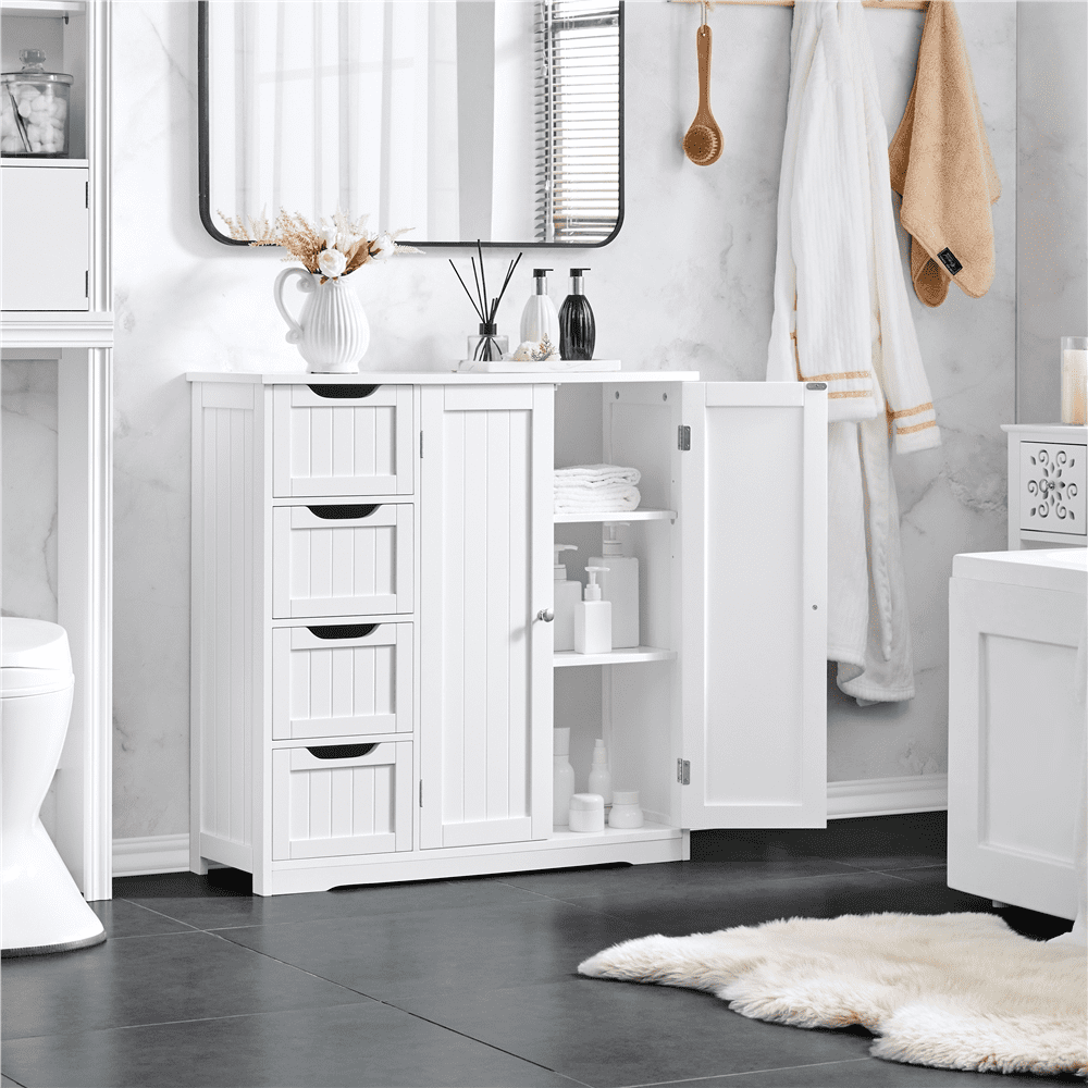 SmileMart Wooden Bathroom Floor Storage Cabinet with 4 Drawers and Double Doors for Home, White