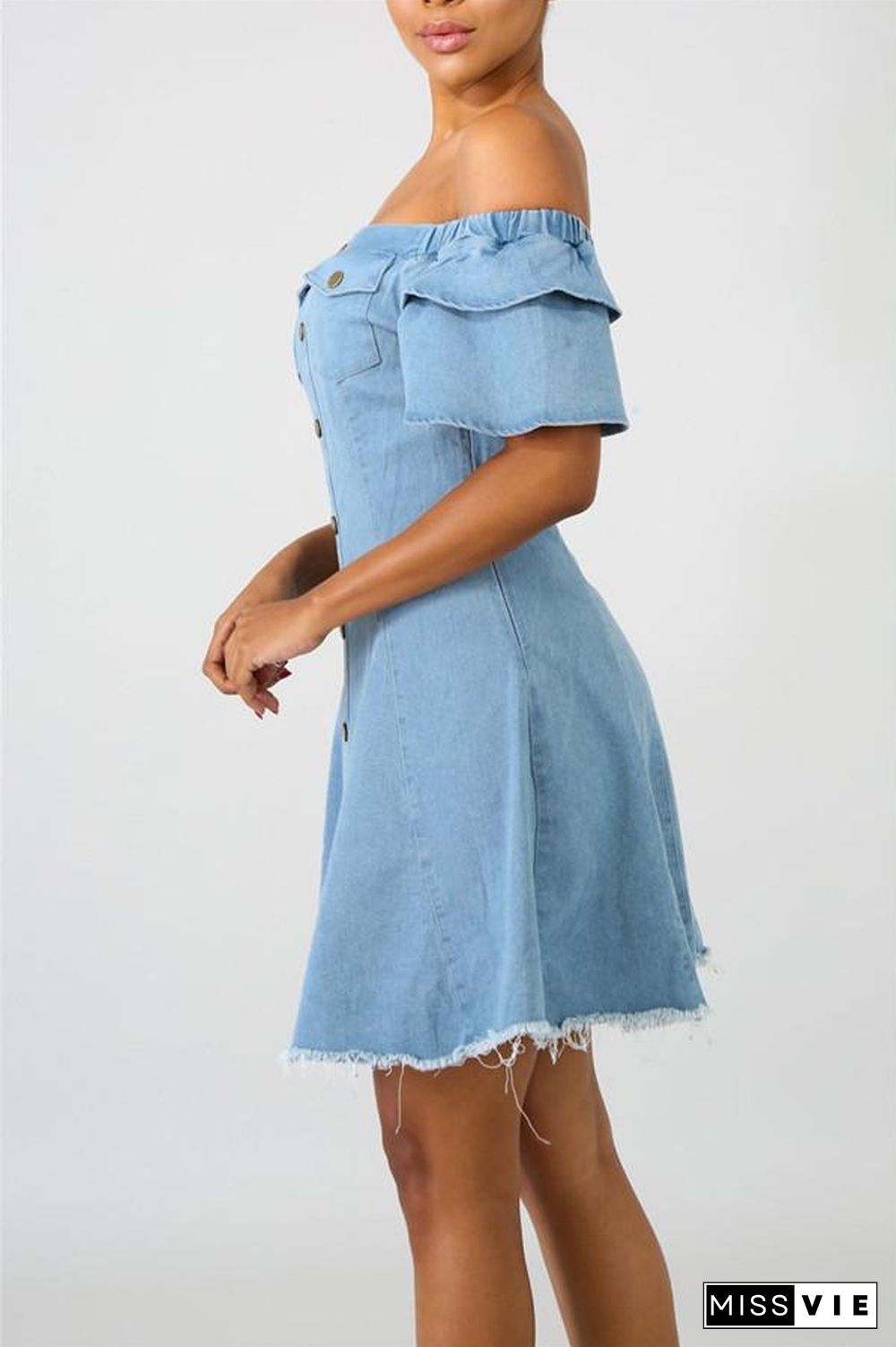 Off the Shoulder Ruffle Sleeve Denim Dress