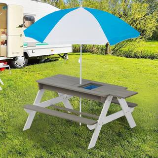 Tunearary 3 in 1 Gray Outdoor Children's Wooden Picnic Table with Umbrella Convertible to Sand and Water Table D469PYX-H4