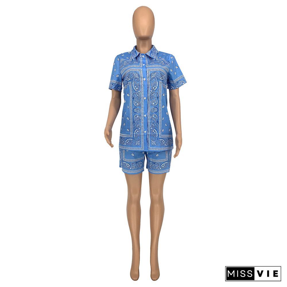 Paisley Print Button Short Sleeve Shirt Top Shorts Suit