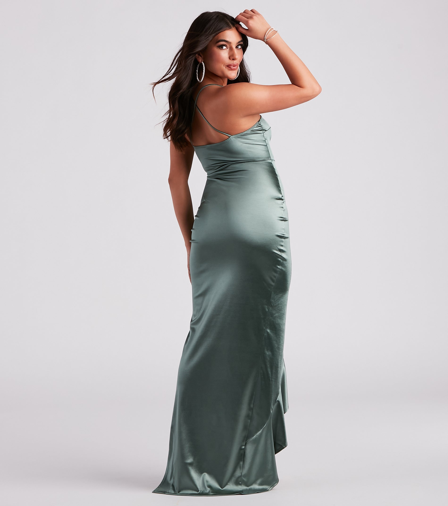 Lauren Ruffled Slit Satin Formal Dress