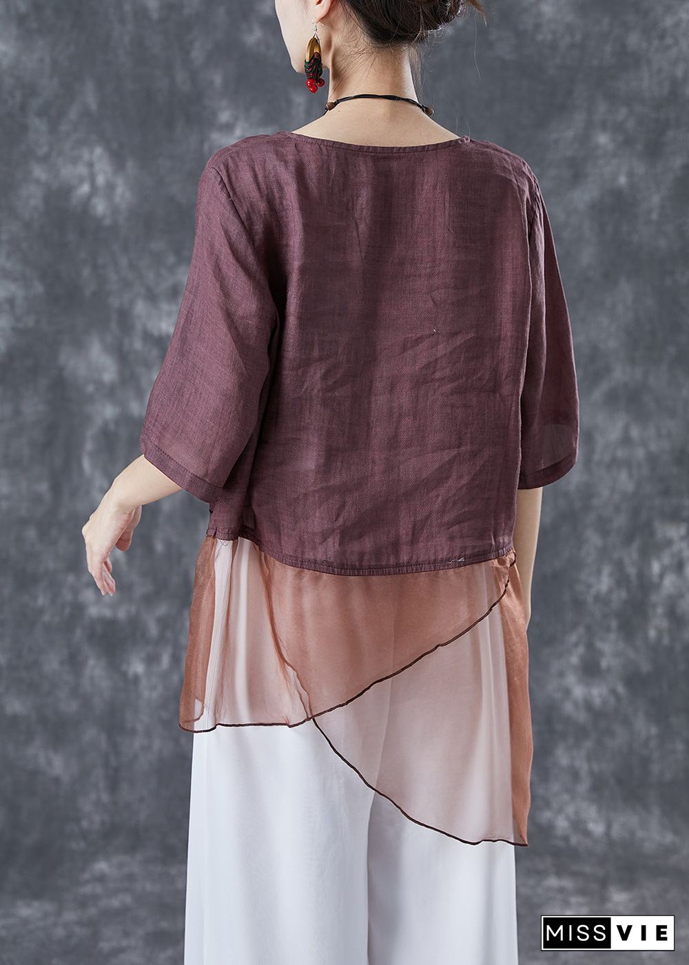 Brown Patchwork Linen Shirts Asymmetrical Embroideried Summer