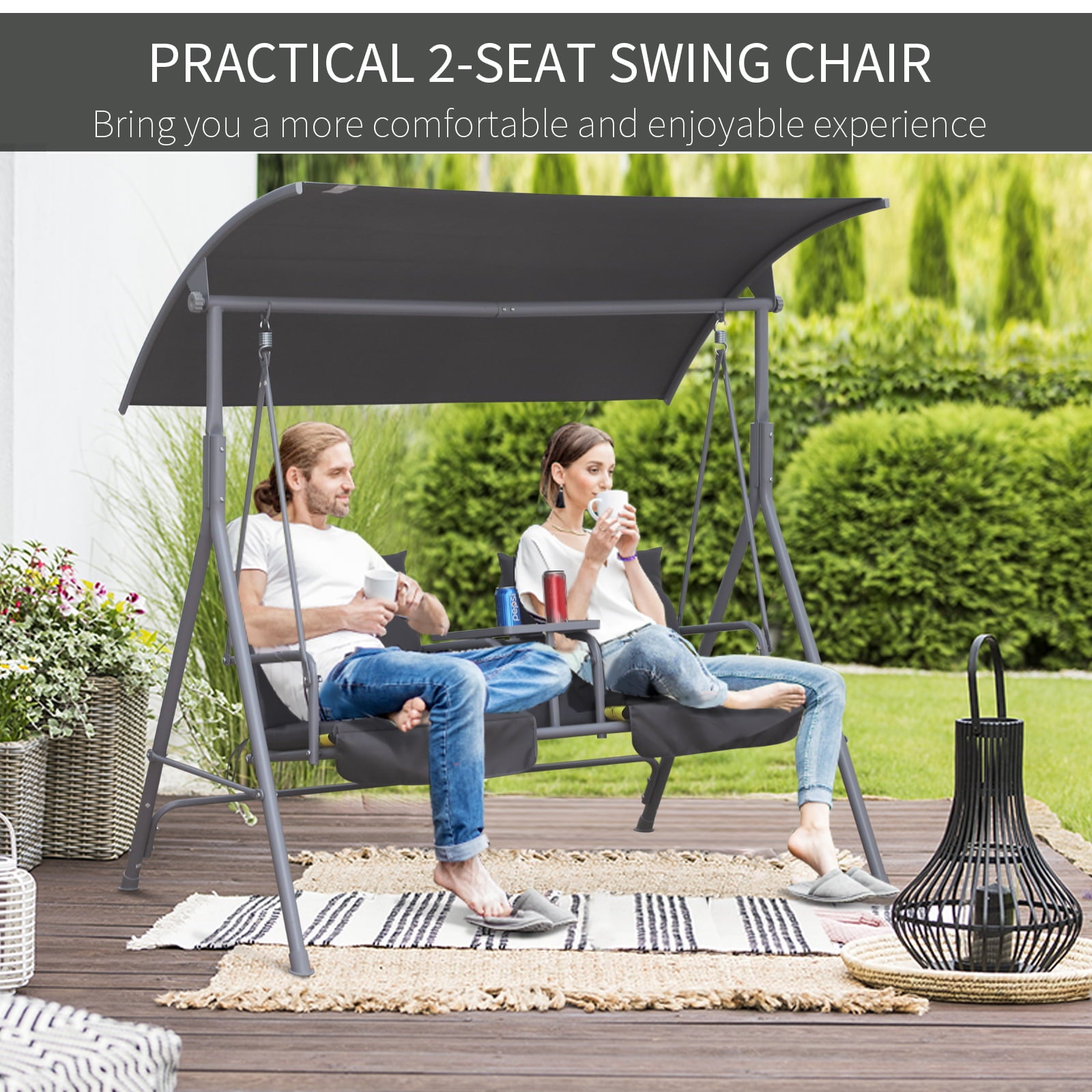 Outsunny 2 Person Porch Covered Swing Outdoor with Canopy, Table and Storage Console, Gray, Deck Swings