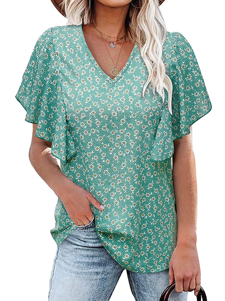 Summer V-neck Floral Pleated Short-sleeve Blouse