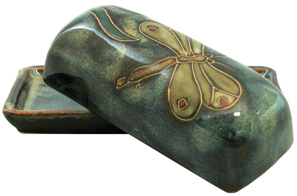 Mara Stoneware Collectible Butter Dish with Lid， Mexican Pottery， Blue with Dragonfly Design