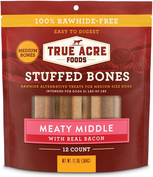 True Acre Foods Medium Stuffed Bone Treats Meaty Middle Made with real Bacon