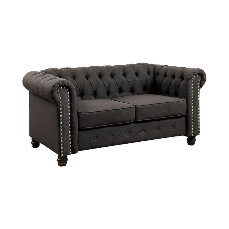 Fabric Upholstered Chesterfield Loveseat with Nailhead Trims， Gray