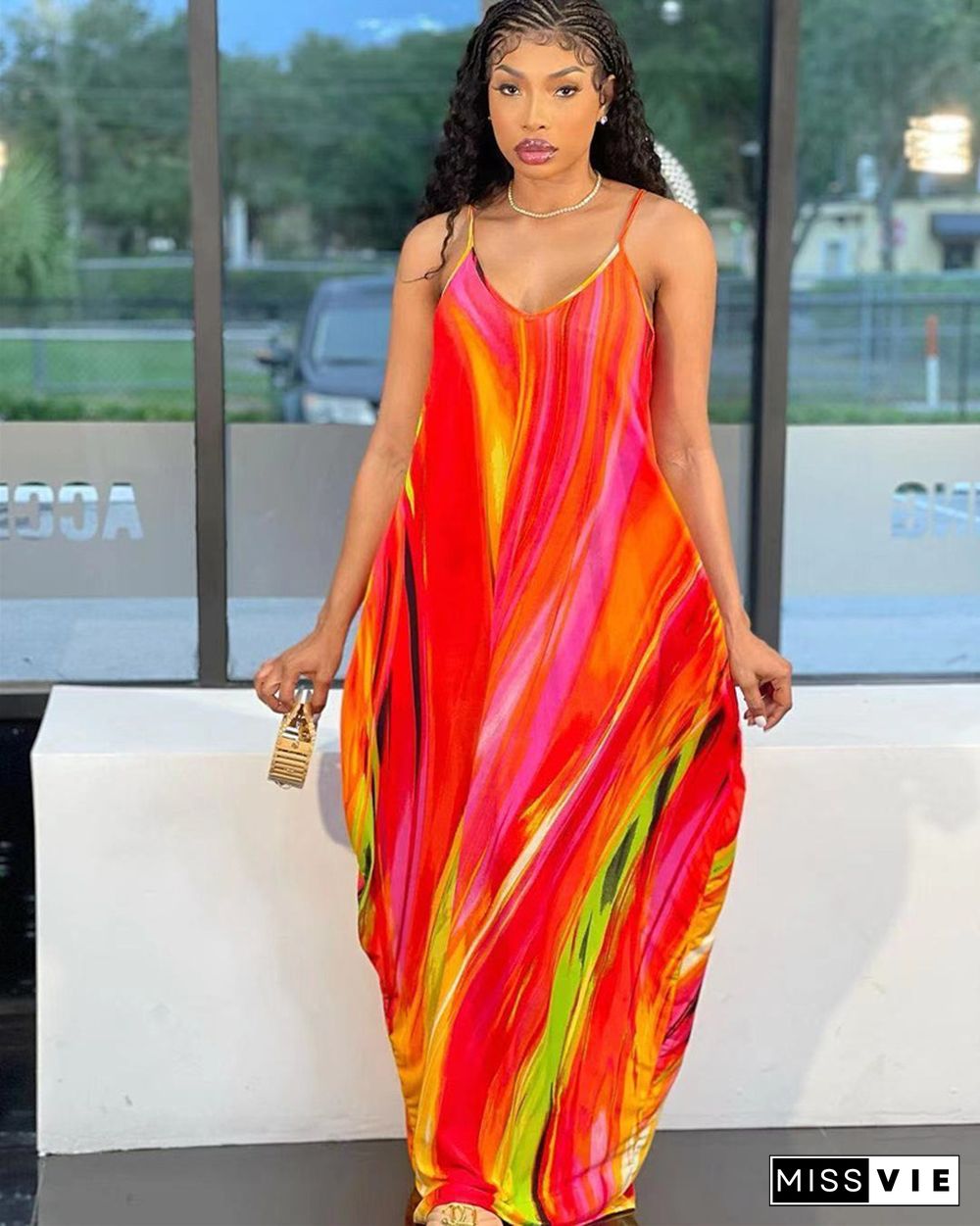 Tie Dye Print Loose Pockets Floor Length Dresses