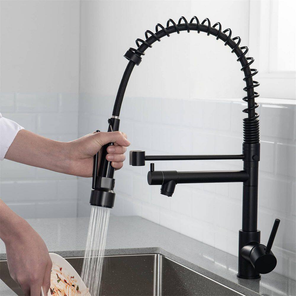 FLG Single-Handle Commercial Kitchen Sink Faucet with Pull Down Sprayer Kitchen Faucets 1-Hole Brass Laundry Tap Matte Black CC-0027-MB