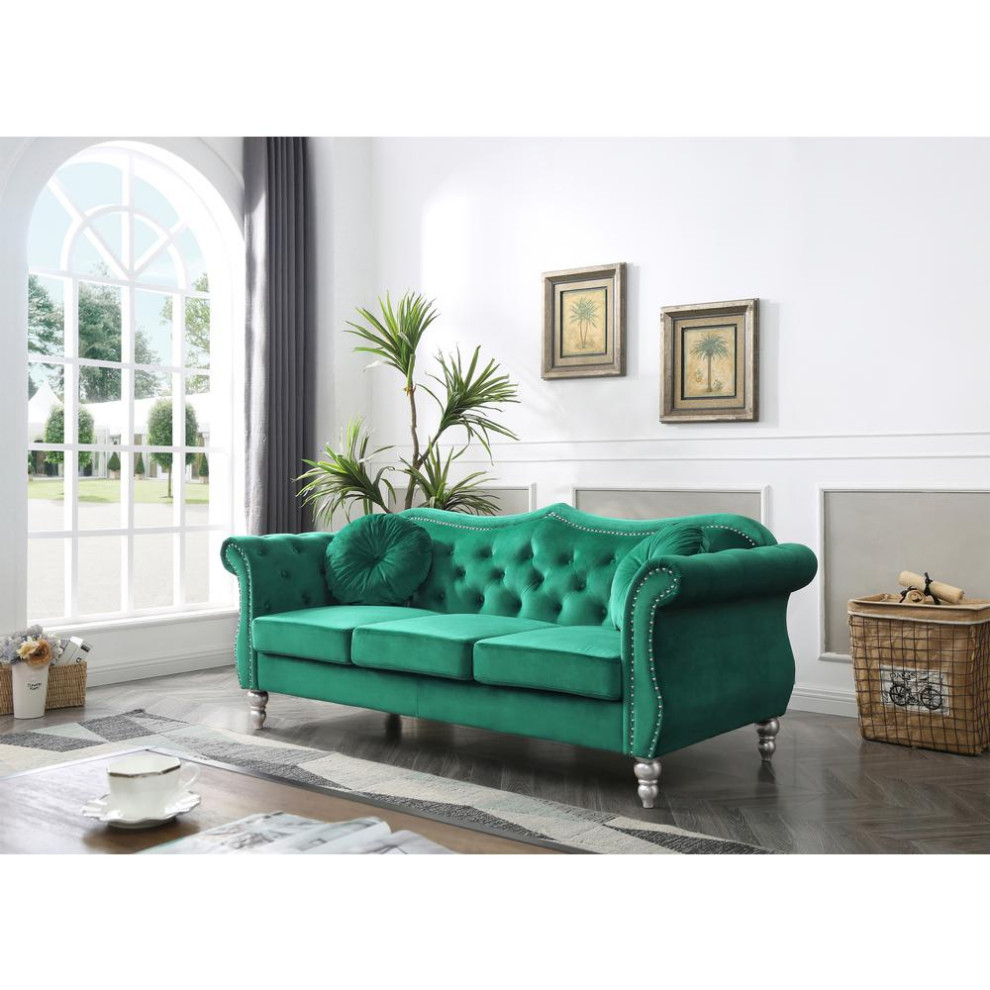 Hollywood 82 in. Green Velvet Chesterfield 3 Seater Sofa with 2 Throw Pillow   Eclectic   Sofas   by BisonOffice  Houzz