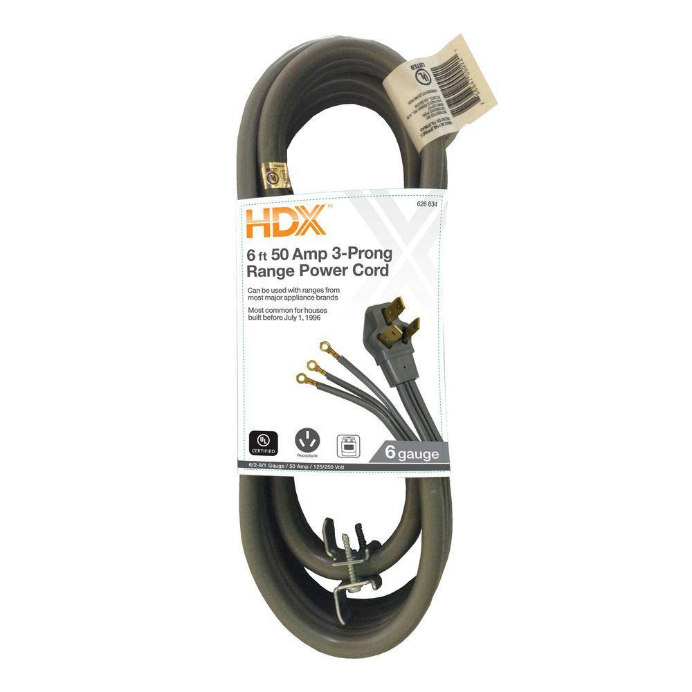 HDX 6 ft. 63 50 Amp 3-Prong Range Power Cord Grey HD#626-634