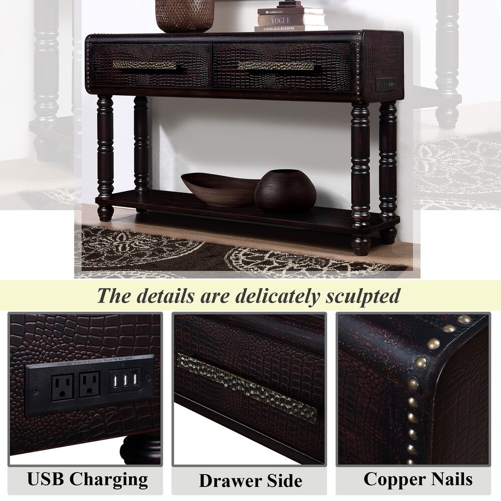 Imitation Crocodile Skin Apperance Sofa Table Wood Console Table with Two Drawers  2 Power Outlets and 2 USB Ports