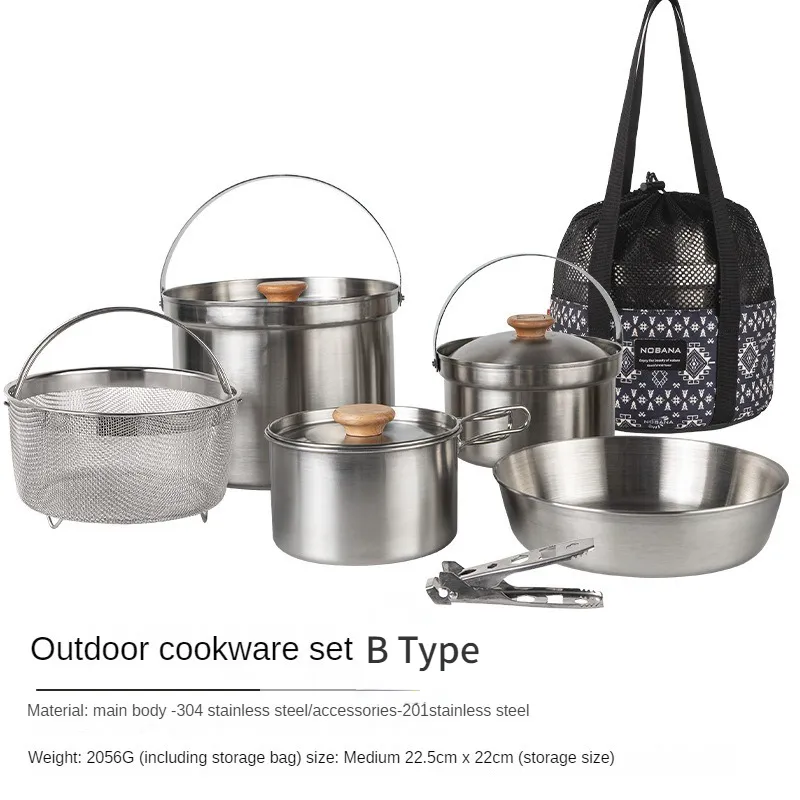 304 Stainless Steel Portable Outdoor Pot Set of  Kitchenware Camping Cooking Set Picnic  for 3 5 Person