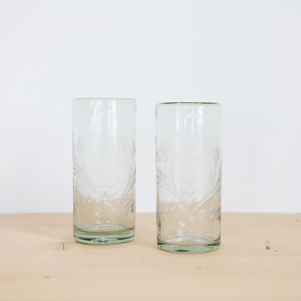 Hand-etched Floral Recycled Glassware