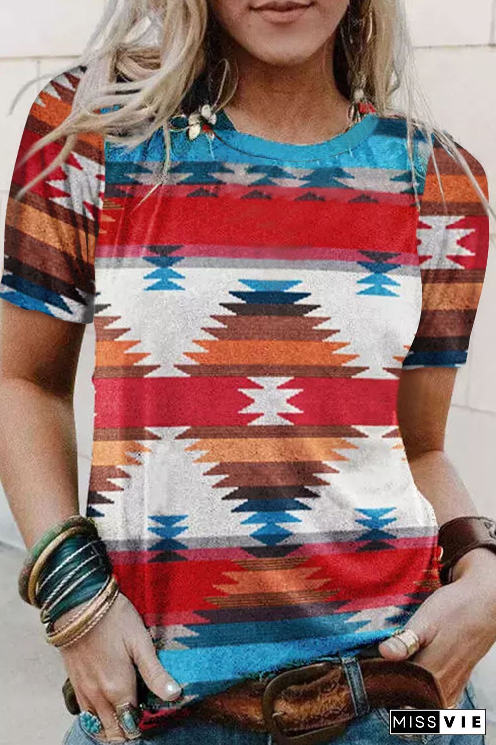 Multicolor Aztec Printed Casual Short Sleeve T-shirt