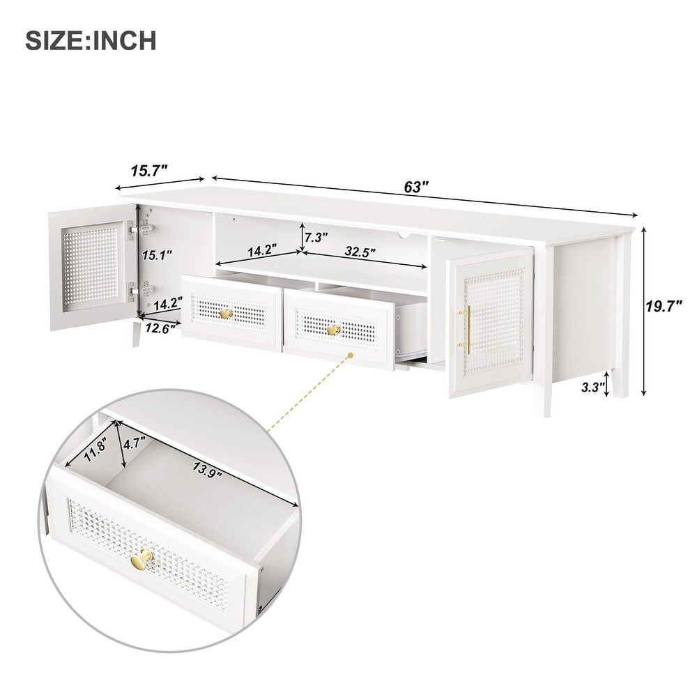 Rattan TV Stand Gold Metal Handles for Tvs Up to 65\