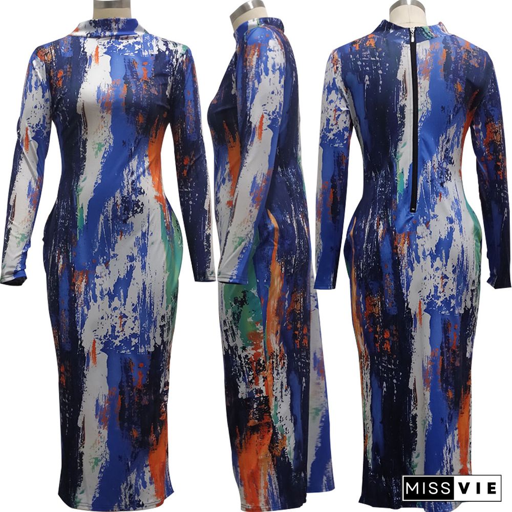 Tie Dye Printing Fashion Long Sleeve Round Neck Back Zipper Partywear Summer Bodycon Maxi Long Dress