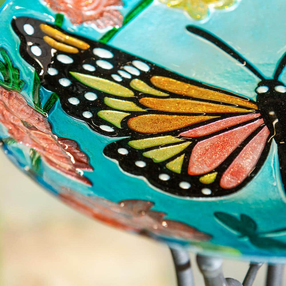 Evergreen 18 in. Butterfly Glitter Hand Painted and Embossed Glass Bird Bath 2GB6961