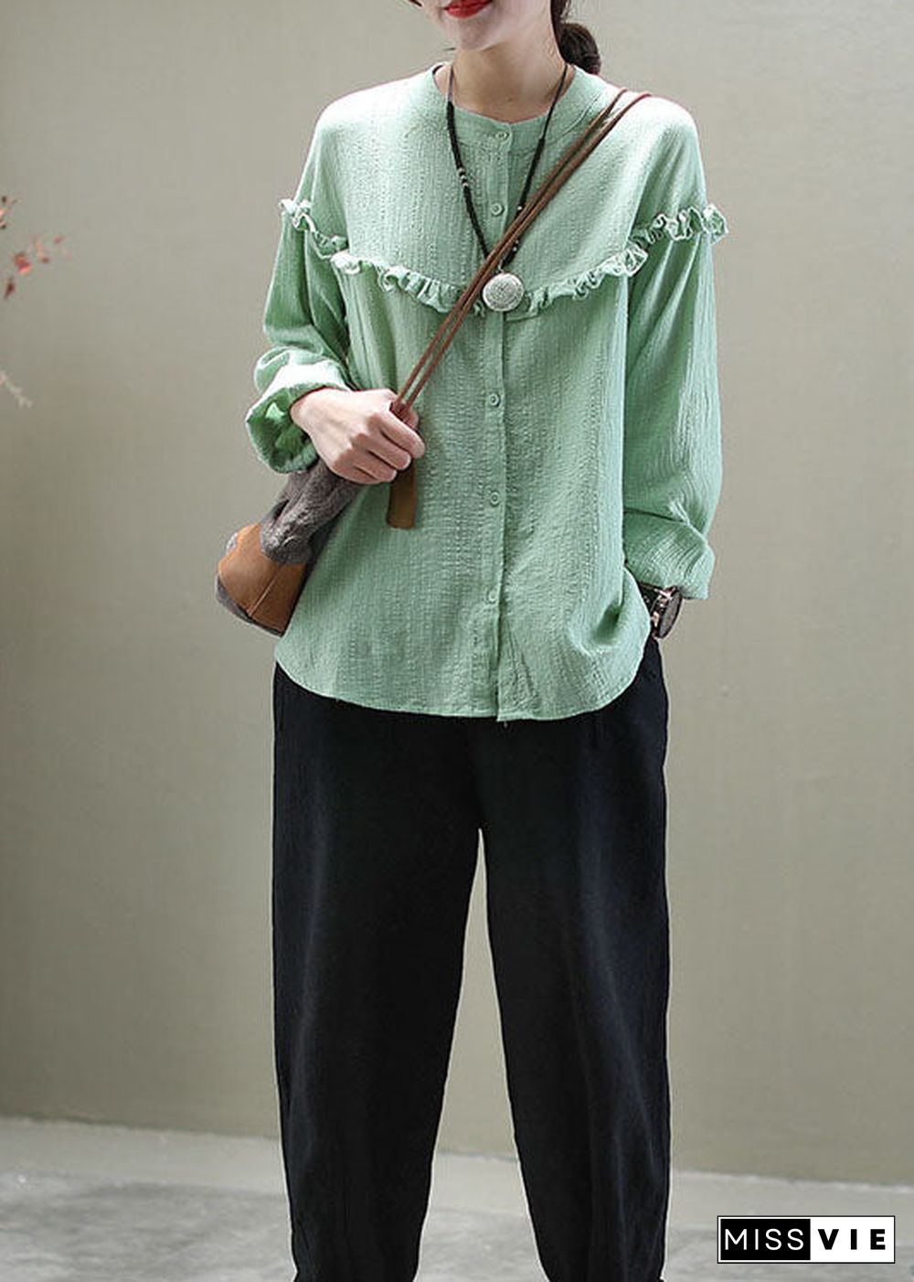 Casual Green Ruffled Button Patchwork Cotton Blouse Tops Long Sleeve