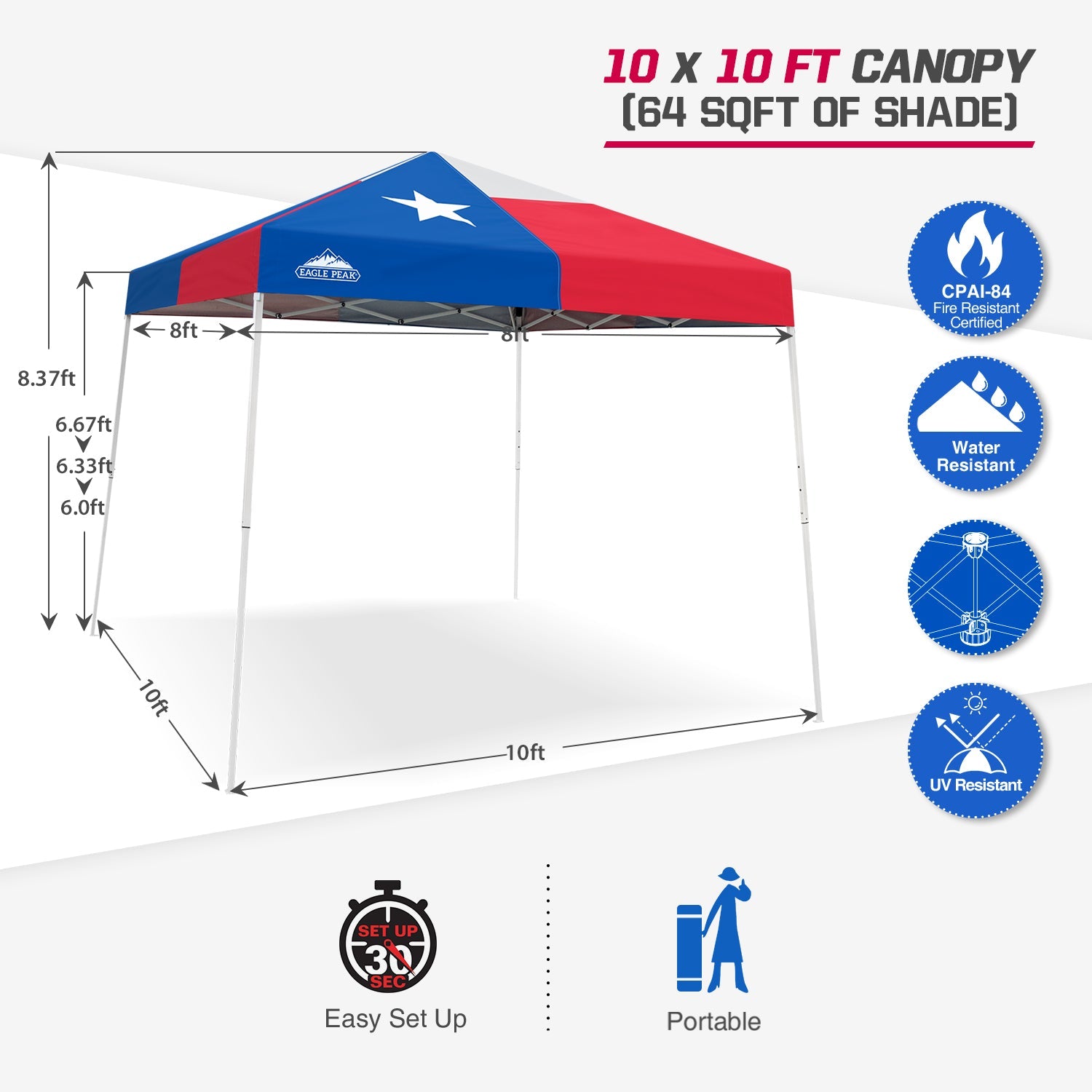 EAGLE PEAK 10' x 10' Slant Leg Pop-up Canopy Tent Easy One Person Setup Instant Outdoor Canopy Folding Shelter with 64 Square Feet of Shade (Texas Flag)