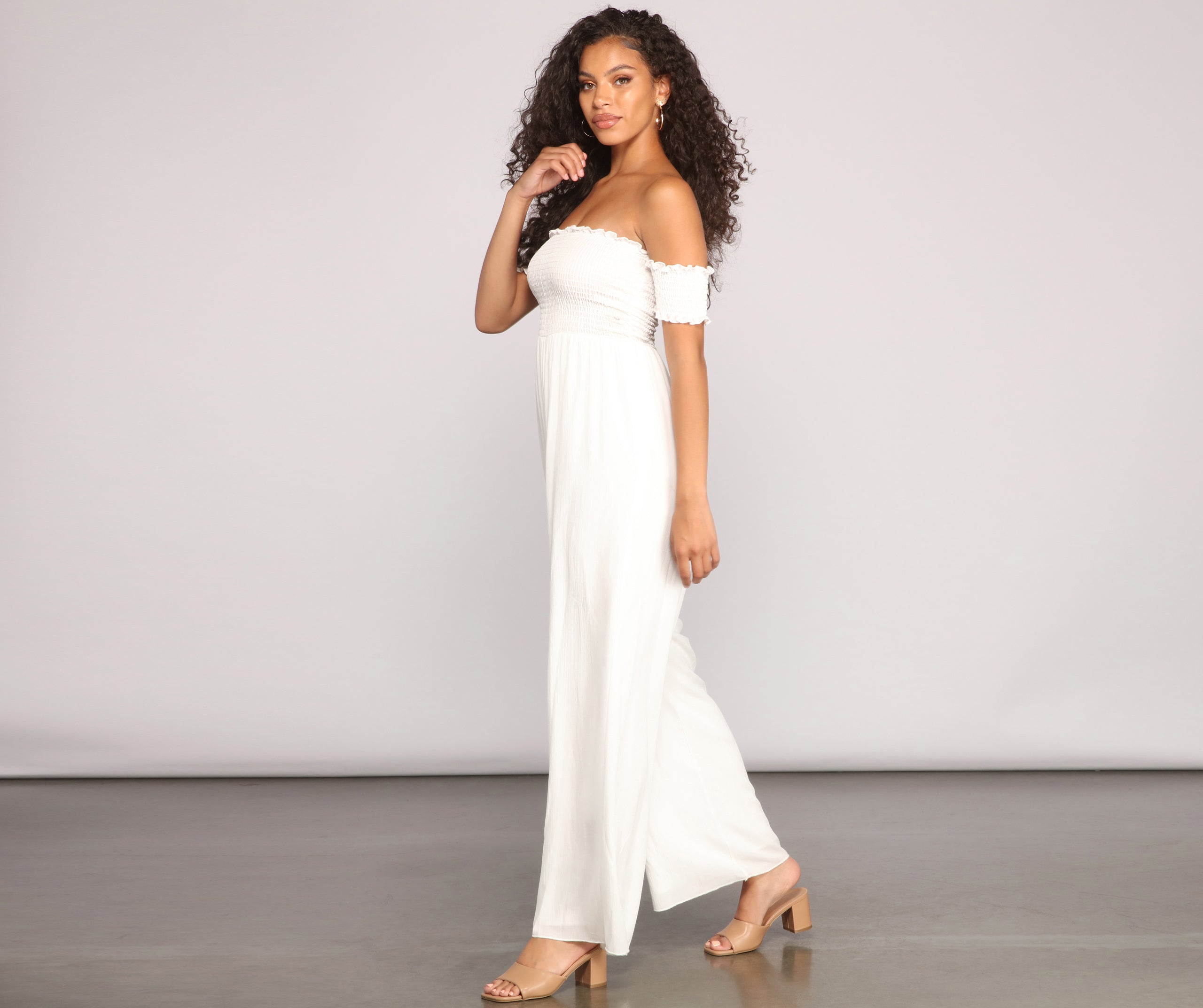 Vacay Bound Off The Shoulder Smocked Jumpsuit