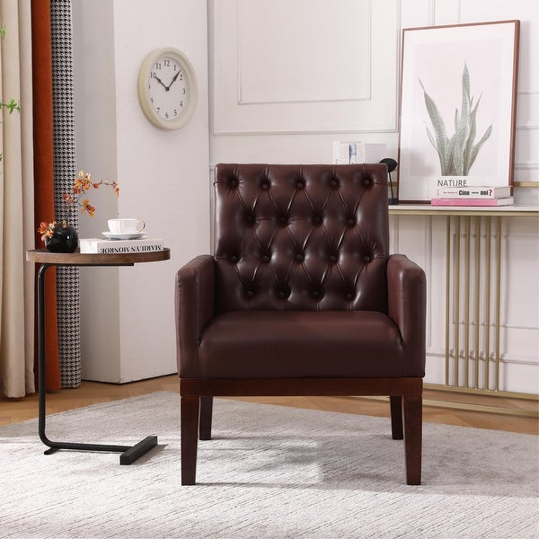 PU Leather Accent Chair， Upholstered Lounge Sofa Armchair， Comfortable Armchair with Wooden Legs in Log Color