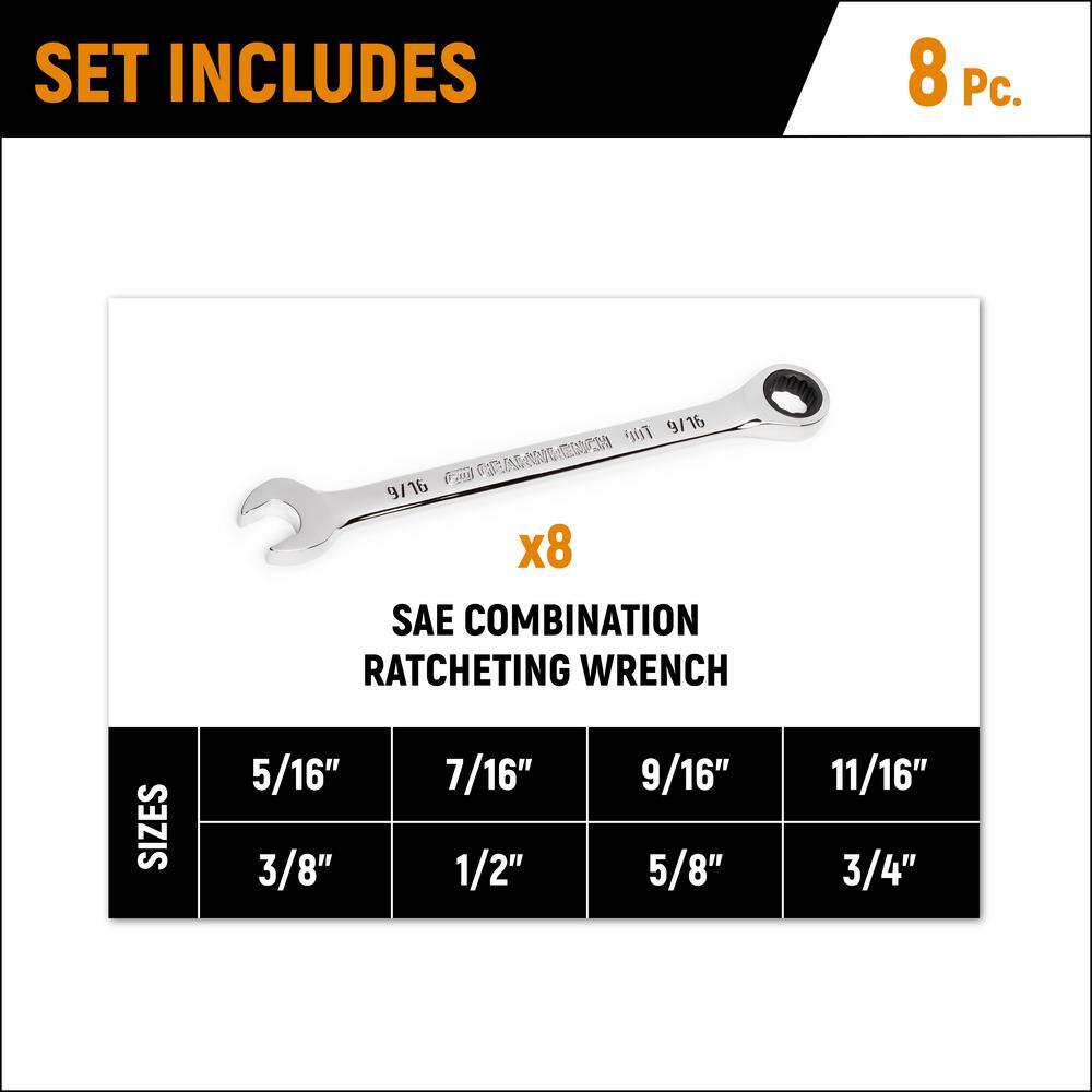 GEARWRENCH SAE 90-Tooth Combination Ratcheting Wrench Tool Set with Tray (8-Piece) 86695