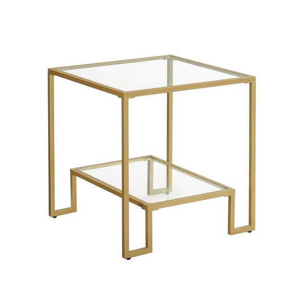 Side Table， End Table， Nightstand， Glass Shelves， Steel Frame， for Living Room Bedroom， 19.7 x 19.7 x 19.7 Inches， Golden