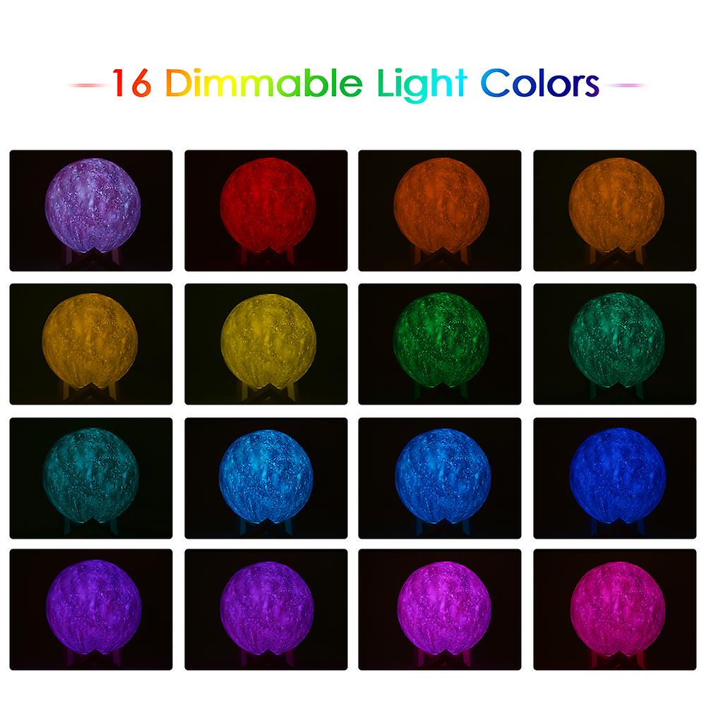 12cm Diameter 3d Printing Touch Moon Light Usb Rechargeable Remote Control 16-color Dimmable Luna Night Lamp Bedroom Decor With Wooden Stand No.259007