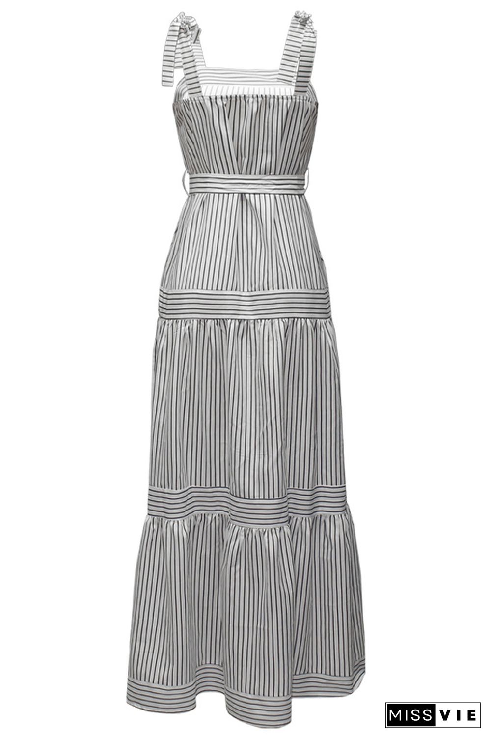 White Pin Striped Spaghetti Strap Tiered Maxi Dress