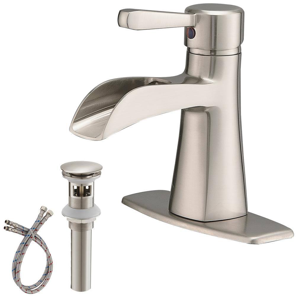 BWE Waterfall Single Hole Single-Handle Low-Arc Bathroom Sink Faucet With Pop-up Drain Assembly In Brushed Nickel A-96007-N