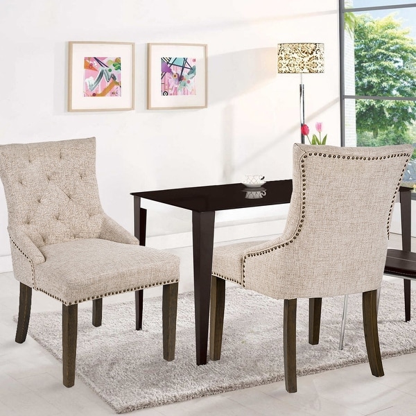 Dining Chair with Armrest，Nailhead Trim and Diamond Shaped Back Tufting Linen Upholstery Set of 6 (Beige)