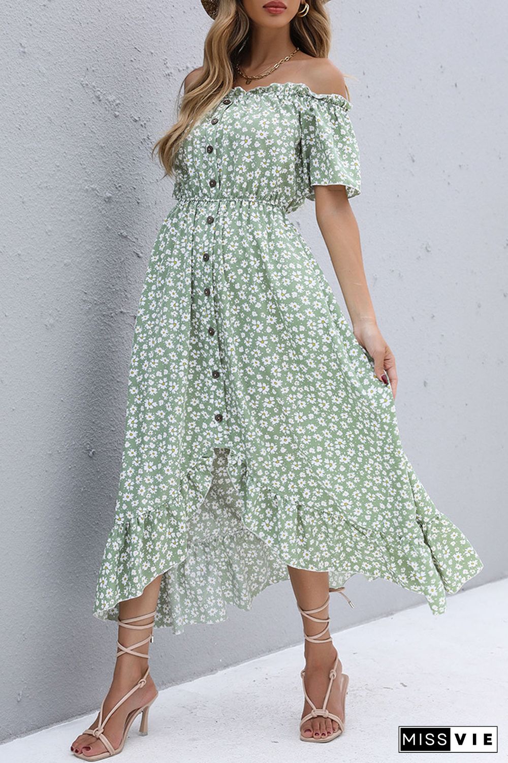 Off Shoulder Ruffled Floral Print Button Dress Wholesale