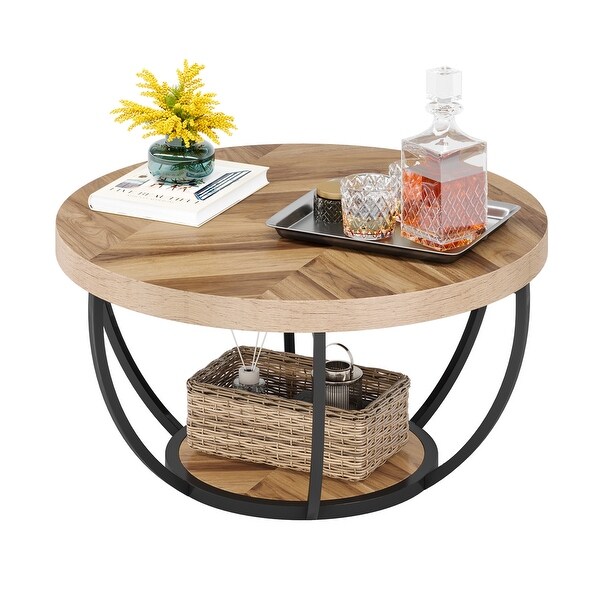 Round Coffee Table， Modern 2-Tier Center Table - Wood