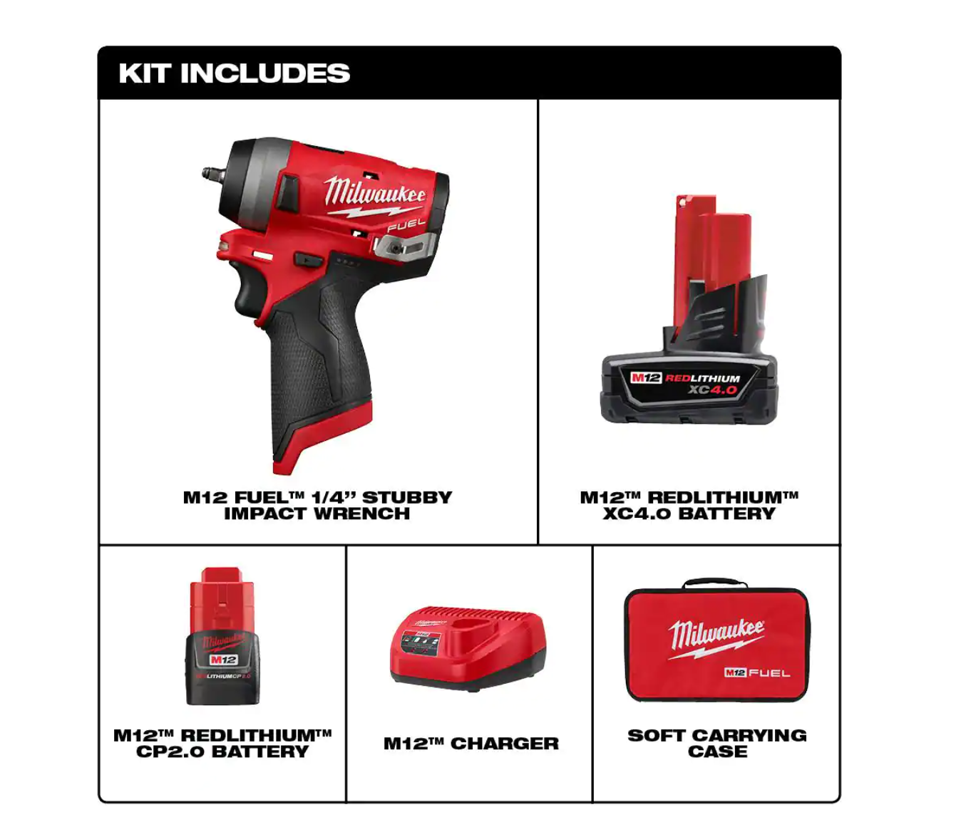 Milwaukee 2552-22 M12 FUEL 12V Lithium-Ion Brushless Cordless Stubby 1/4 in. Impact Wrench Kit with One 4.0 and One 2.0Ah Batteries