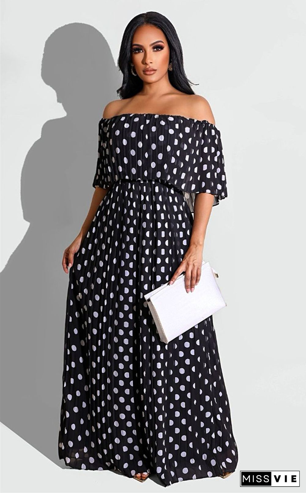 Bohemian Print Polka Dot Off Shoulder Maxi Dress