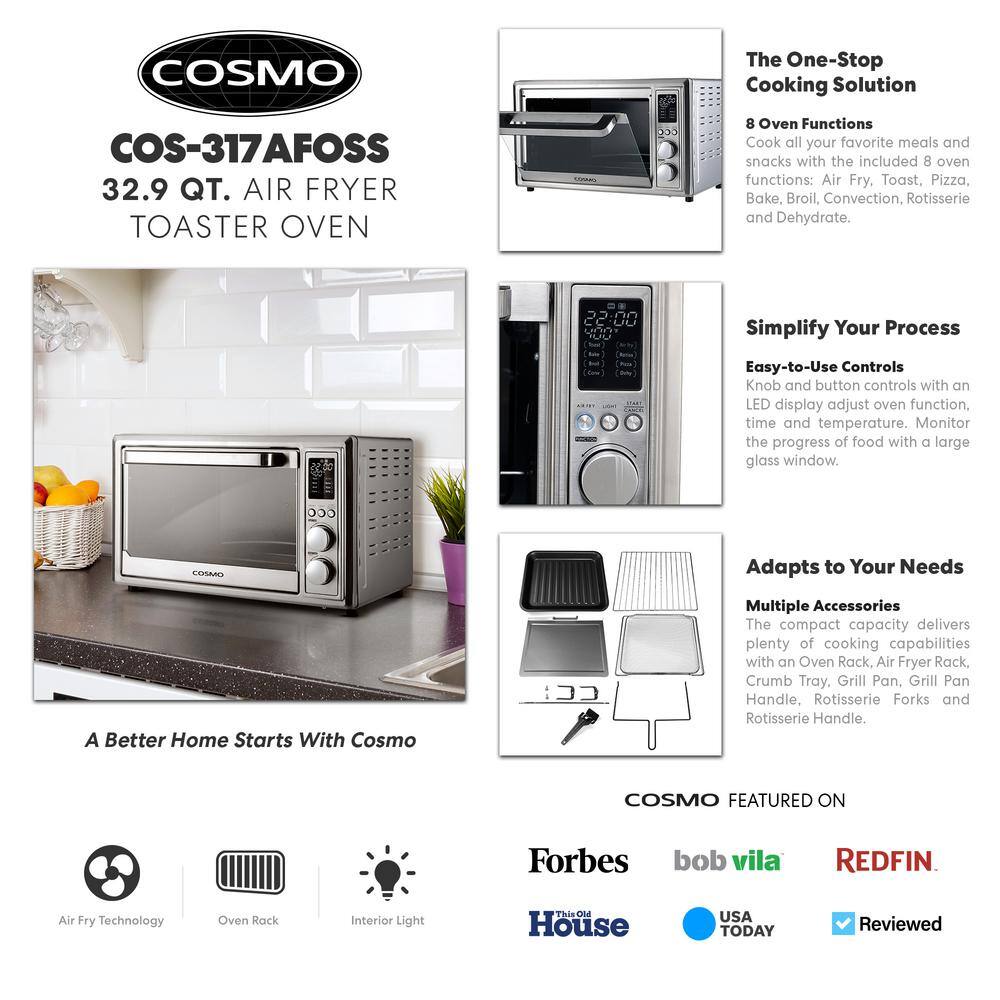 Cosmo 32 qt. Compact Electric Air Fryer Toaster Oven with Air Fry Basket Rotisserie Fork 1800W in Stainless Steel COS-317AFOSS